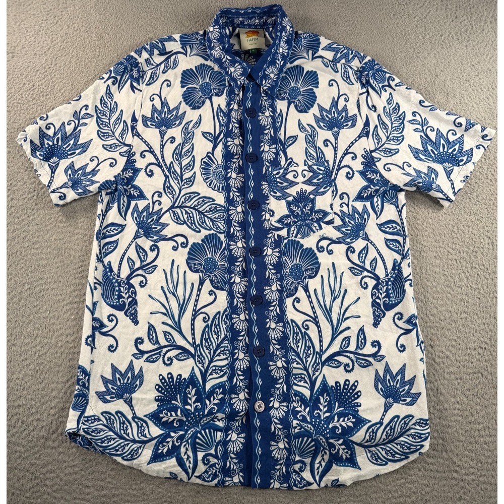 Farm Rio Anthropologie Hawaiian Shirt Mens Medium Floral Blue White Button Up